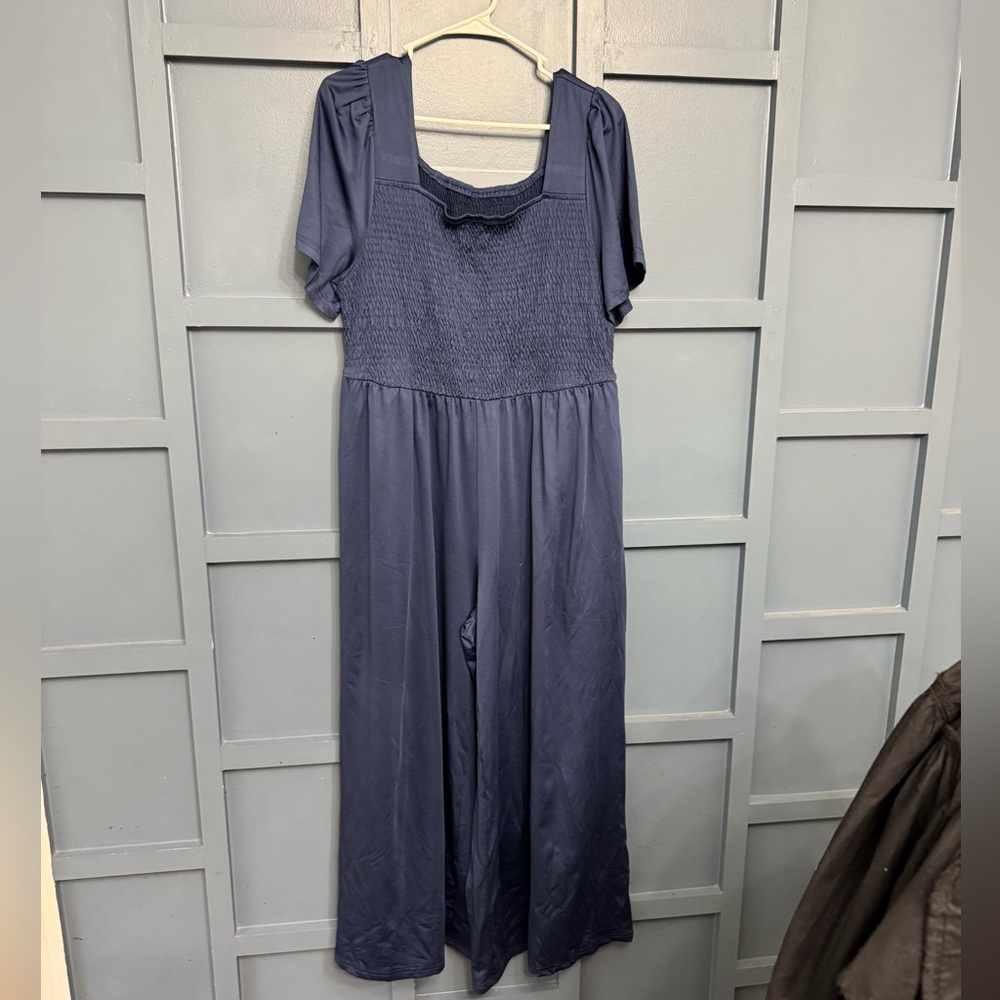 SHEIN Blue Empire Waist Jumpsuit with Puff Sleeves